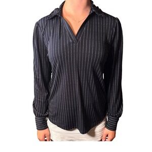 Adrianna Papell Pinstripe Blouse Women S Navy Blue Excellent Puff Sleeve V-Neck